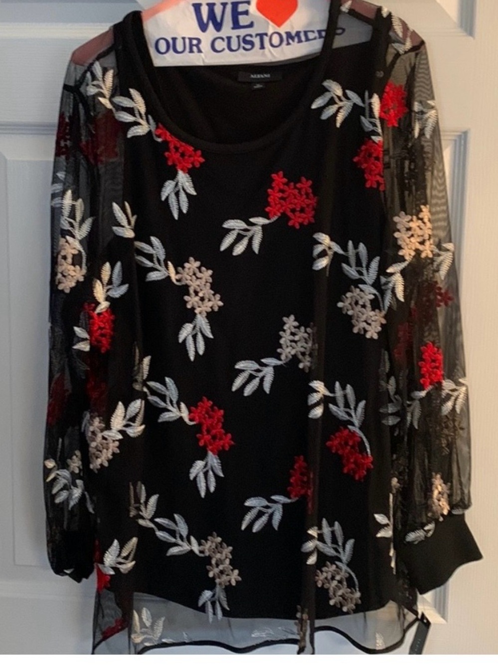 Alfani Black Mesh Tunic with Red & Cream Floral Embroidery